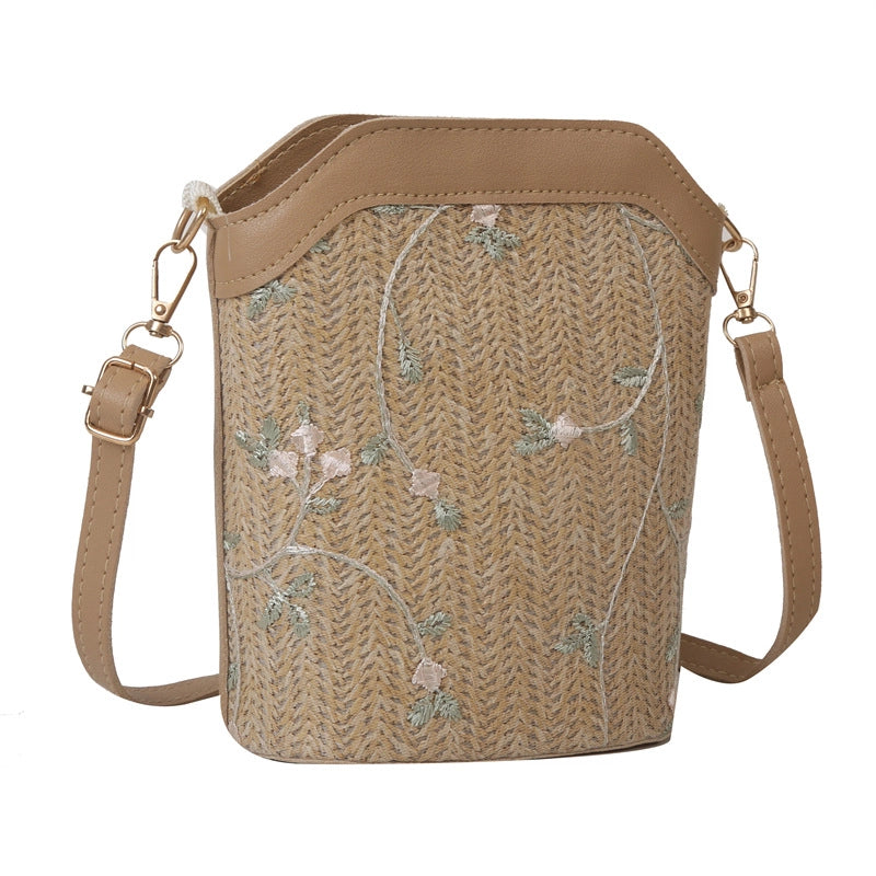 Women’s Small Straw Floral Streetwear Zipper Bucket Bag