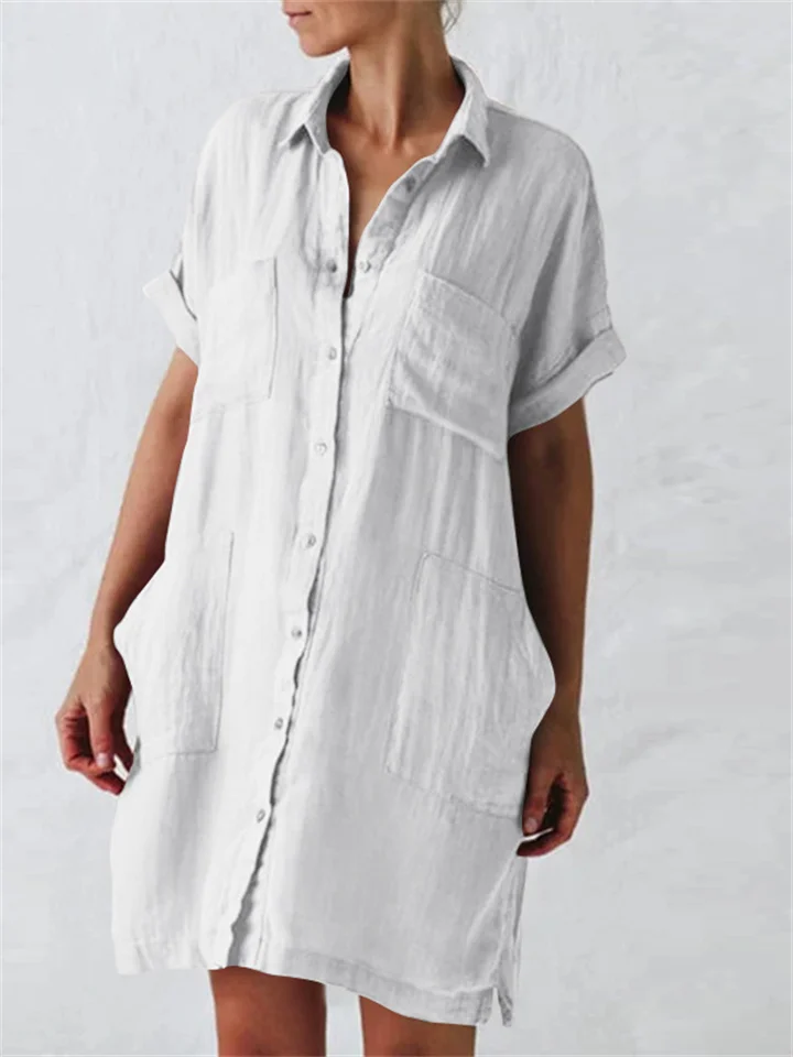 New Solid Color Cotton Linen Urban Casual Long Medium Sleeve Single-breasted Irregular Pocket Dress Shirt Dress S-5XL-Cosfine