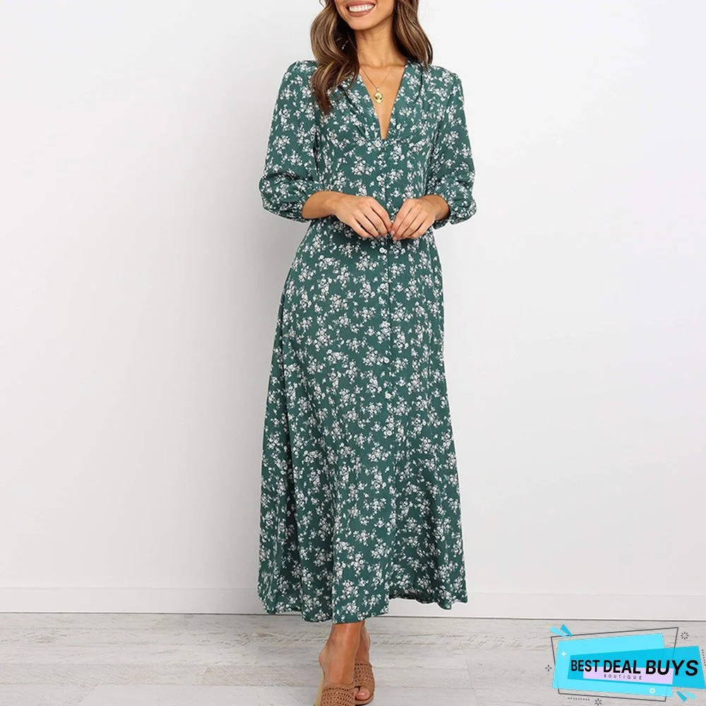 Vintage Floral Lantern Button High Waist Dress