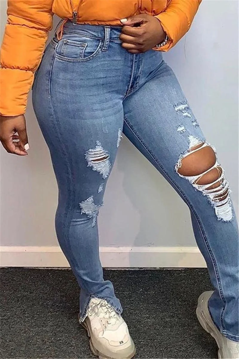 Fashion Skinny Hole Solid Jeans