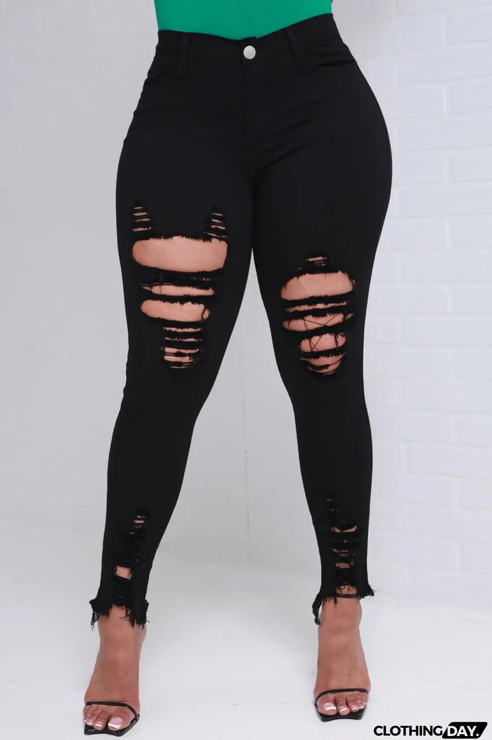Black Casual Solid Ripped High Waist Skinny Denim Jeans
