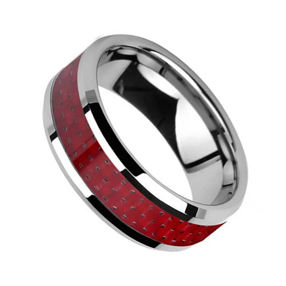 6MM 8MM Red Carbon Fiber Inlay Matching Tungsten Carbide Rings Beveled Edge
