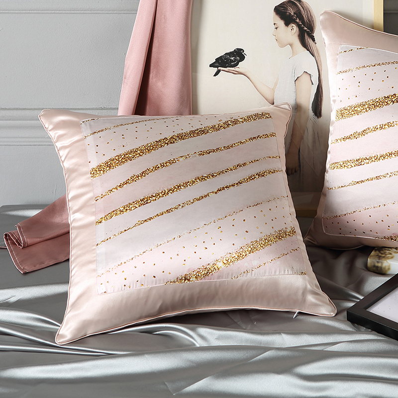Stripe Printed Decorative Pink Silk Pillowcase Details