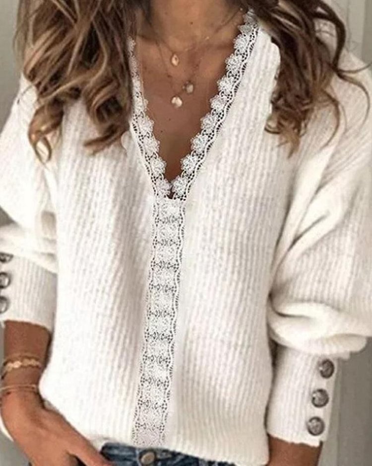 Lace Panel Button Trim Rib Knit Sweater - Shop Trendy Women's Clothing | LoverChic