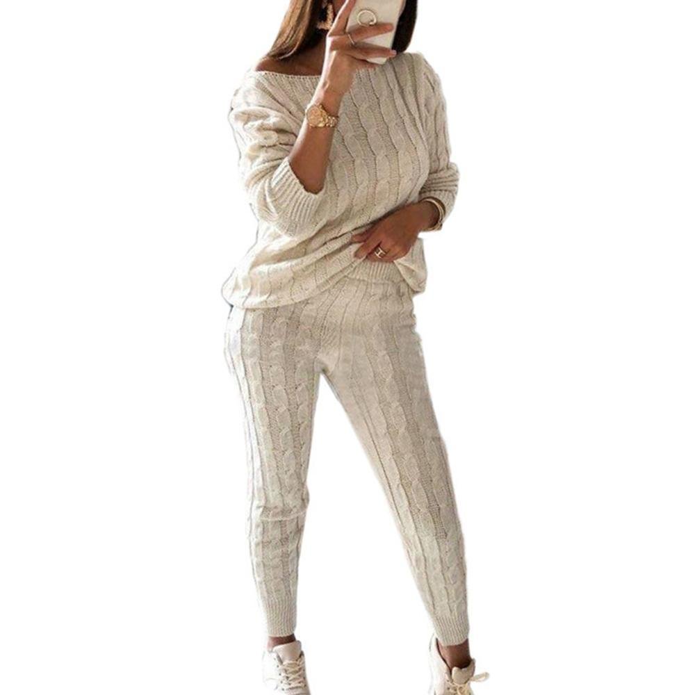 2Pcs Winter Solid Color Off Shoulder Sweater Pants Women Knitted Pajamas Set