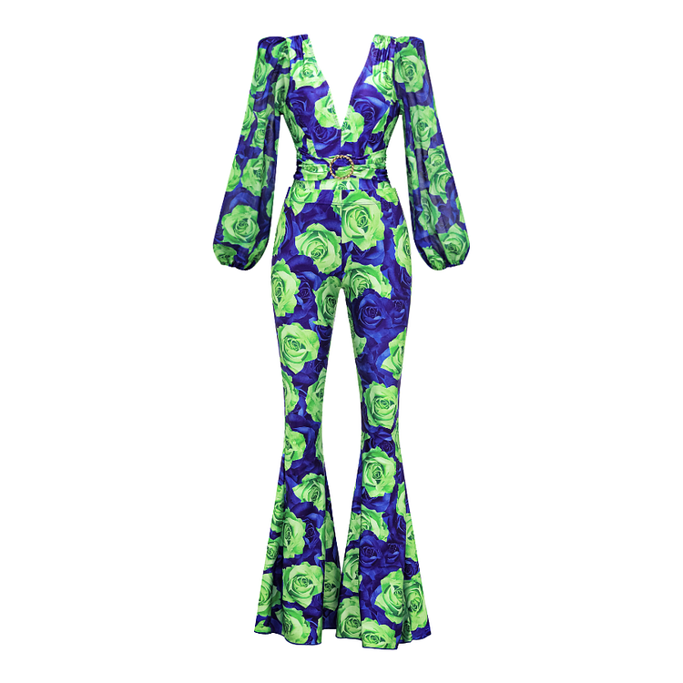 Blue Green Rose Print Chiffon Long Sleeve One Piece Swimsuit and Pants Flaxmaker(Shipped on July 24th)