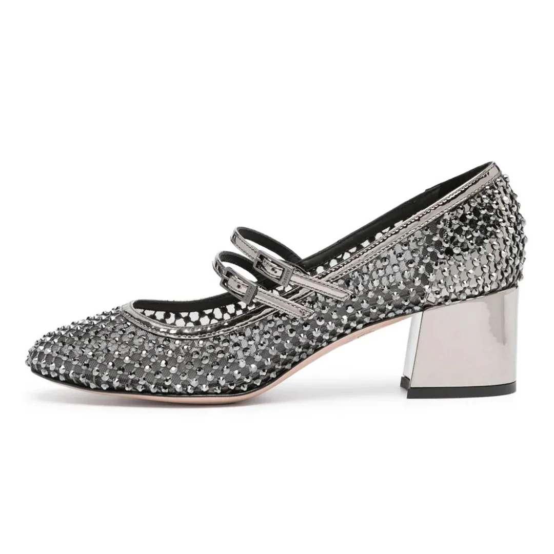 Silver Mesh Buckle Strap Sparkly Rhinestone Mary Jane Pumps