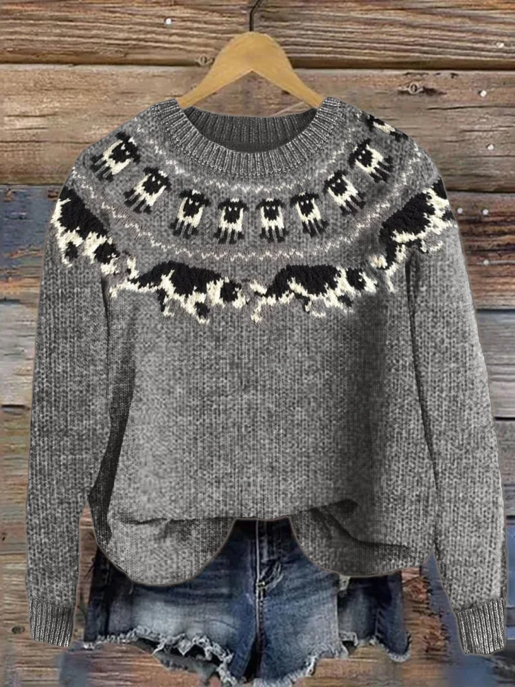 VChics Border Collie & Sheep Inspired Cozy Knit Yoke Sweater