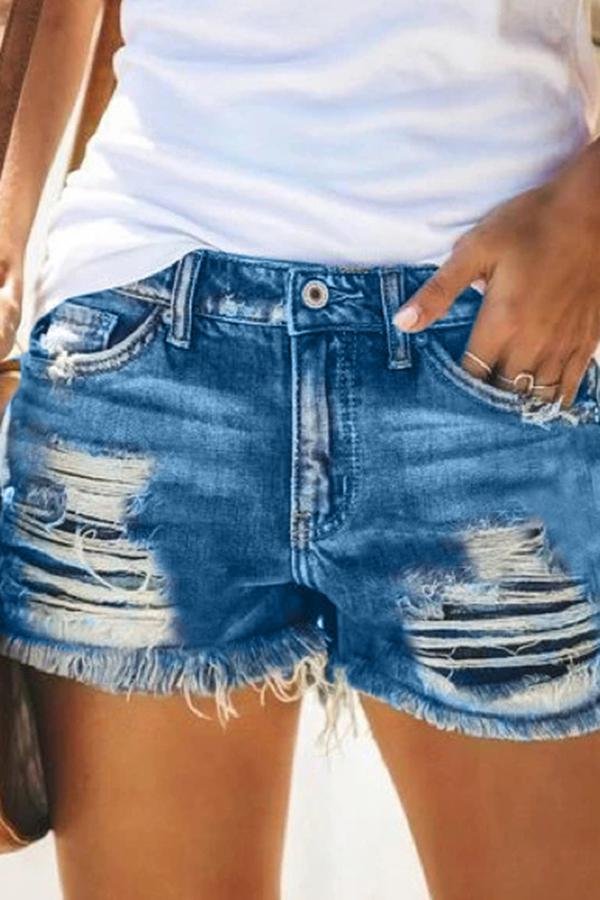 Womens Basic Ripped Holes Denim Shorts-Allyzone-Allyzone