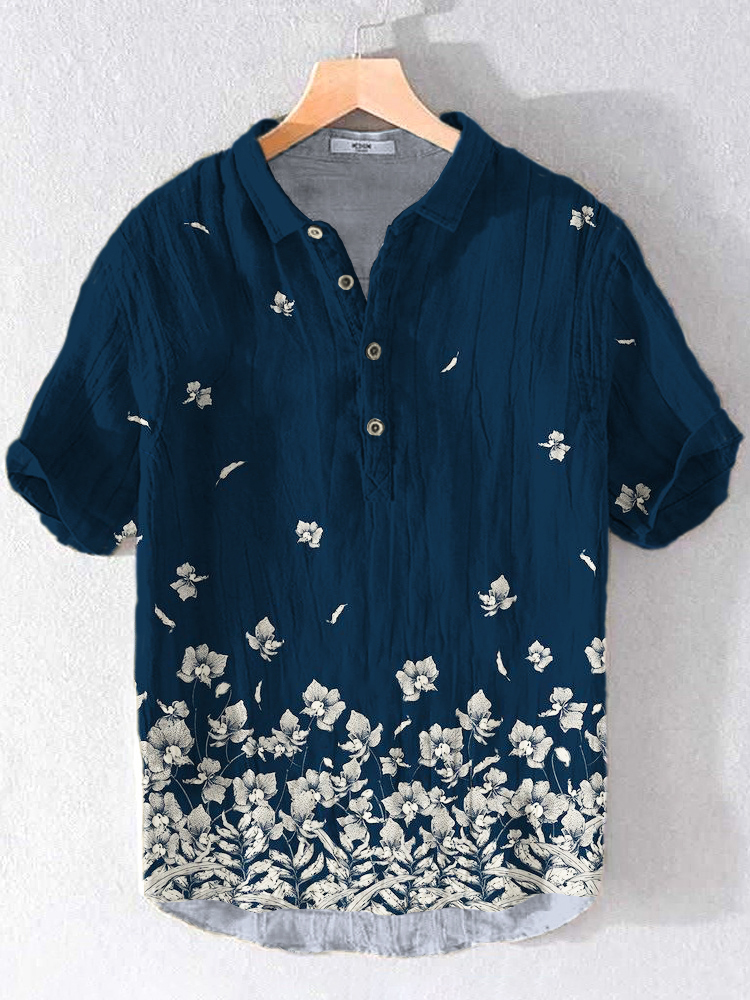 menweary Floral Embroidery Japanese Art Linen Short Sleeve Shirt