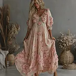 Women's Vintage Floral Art Print Flowy Linen Blend Casual Short Sleeve V Neck Maxi Dress - Image 2