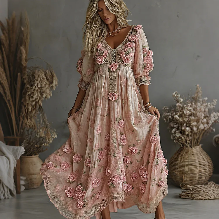 Women's Vintage Floral Art Print Flowy Linen Blend Casual Short Sleeve V Neck Maxi Dress