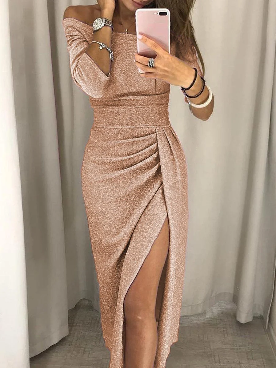 Fashion Off Shoulder Solid Color Bodycon Maxi Dress