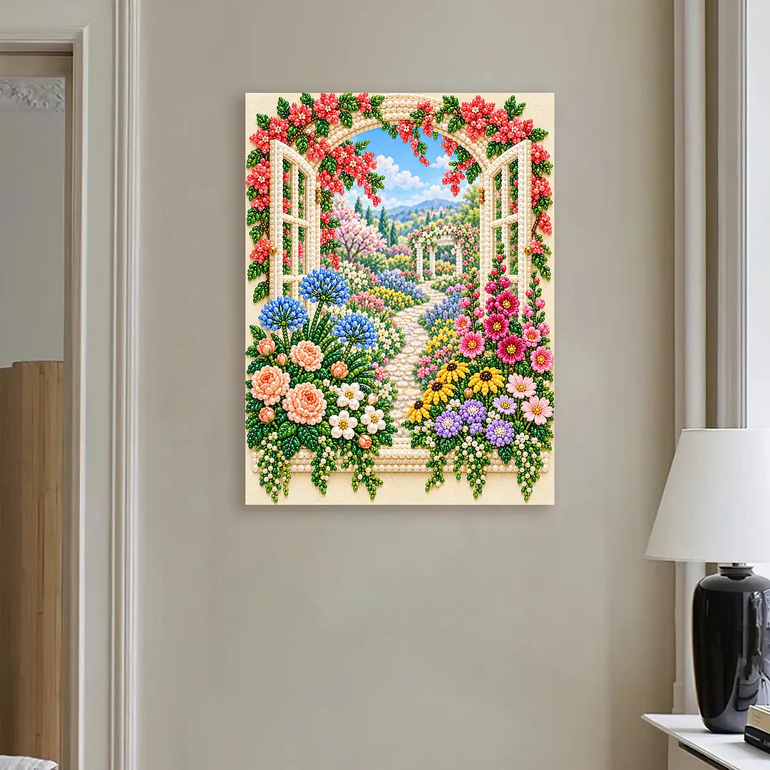Framed Pearl Painting Kit Latticed Window 11.81x15.75in