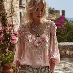 Vintage Boho Rose Embroidered Long Sleeve Cozy Linen T Shirt - Image 2