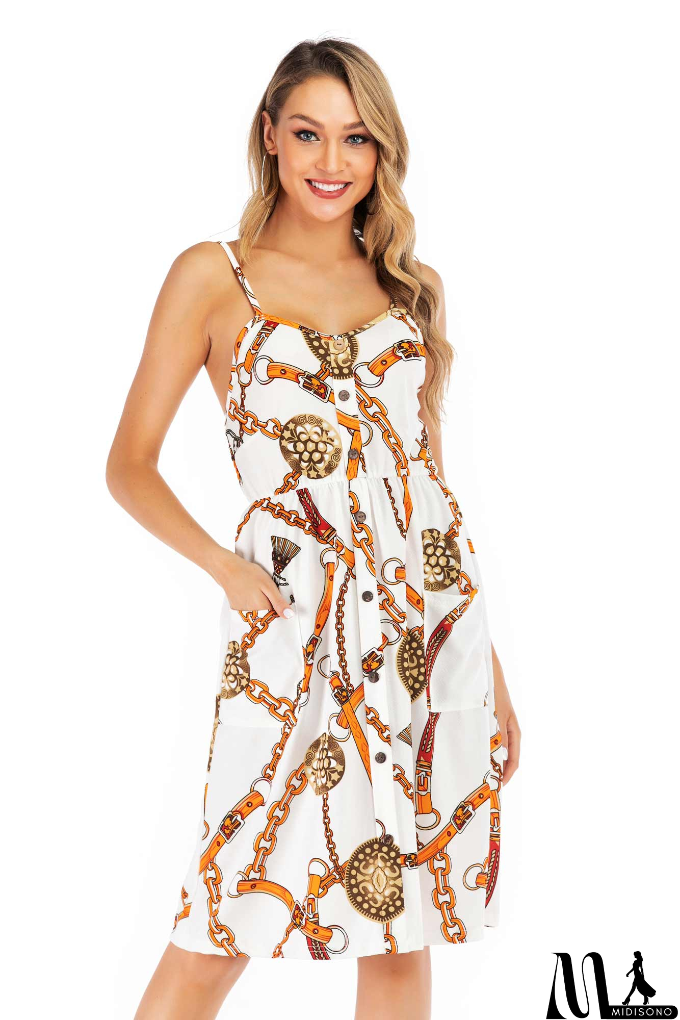 MidiSono - Floral Print Open Back Button Front Maxi Dress