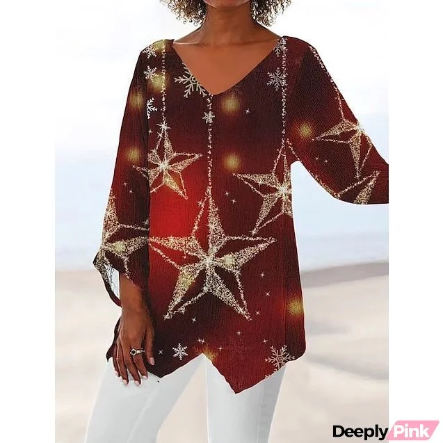 Women's Plus Size Shirt Blouse Tunic Graphic Floral White Red Blue Print Asymmetric Long Sleeve Streetwear Casual V Neck Regular Fit Spring Fall