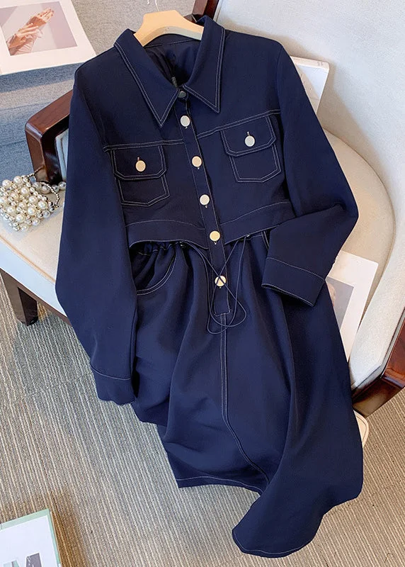 Plus Size Navy Drawstring Pockets Denim Dress Long Sleeve