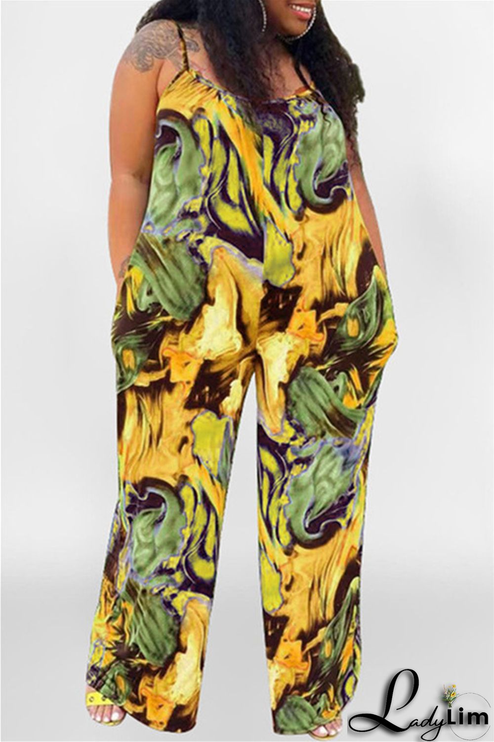 Coffee Sexy Casual Print Backless Spaghetti Strap Plus Size Jumpsuits