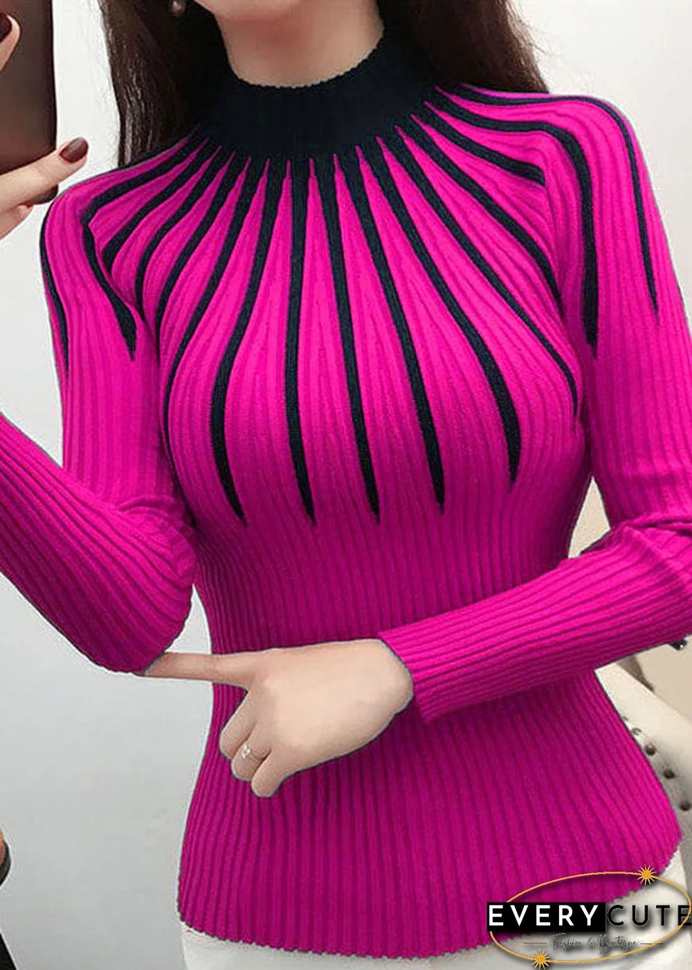 Fashion Green Turtleneck Striped Thick Knit Sweaters Bottoming Shirt