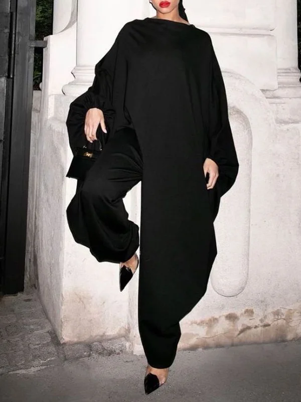 Split-Joint Solid Color Mesh Loose Batwing Sleeves Jumpsuits