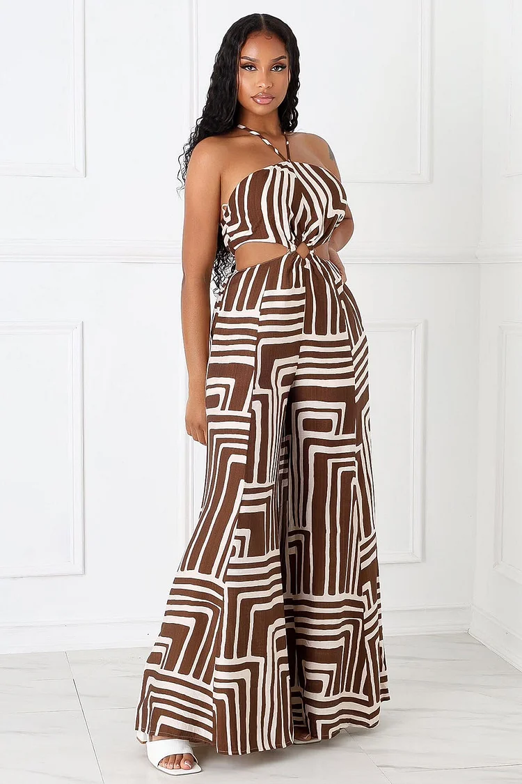 Geometric Print Halter Cutout Vacation Wide Leg Jumpsuit-Brown [Pre Order]