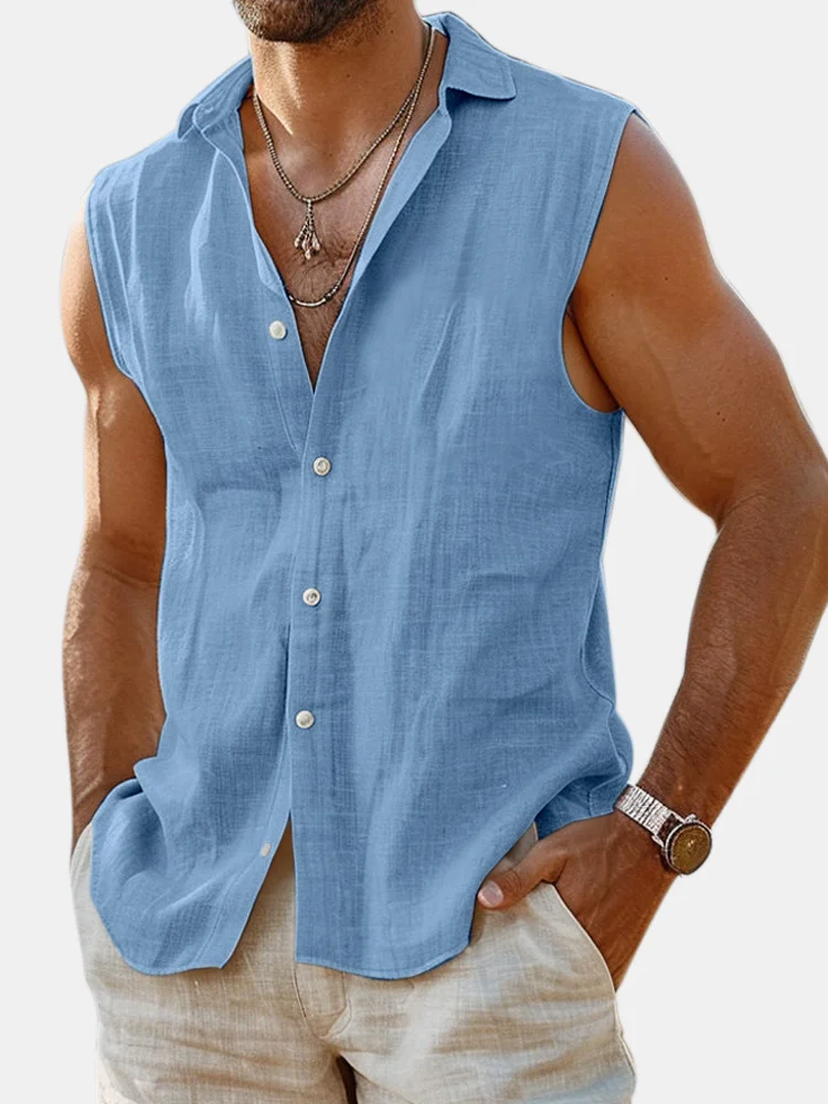 Men's Summer Daily Solid Color Imitation Linen Sleeveless Comfortable Shirt