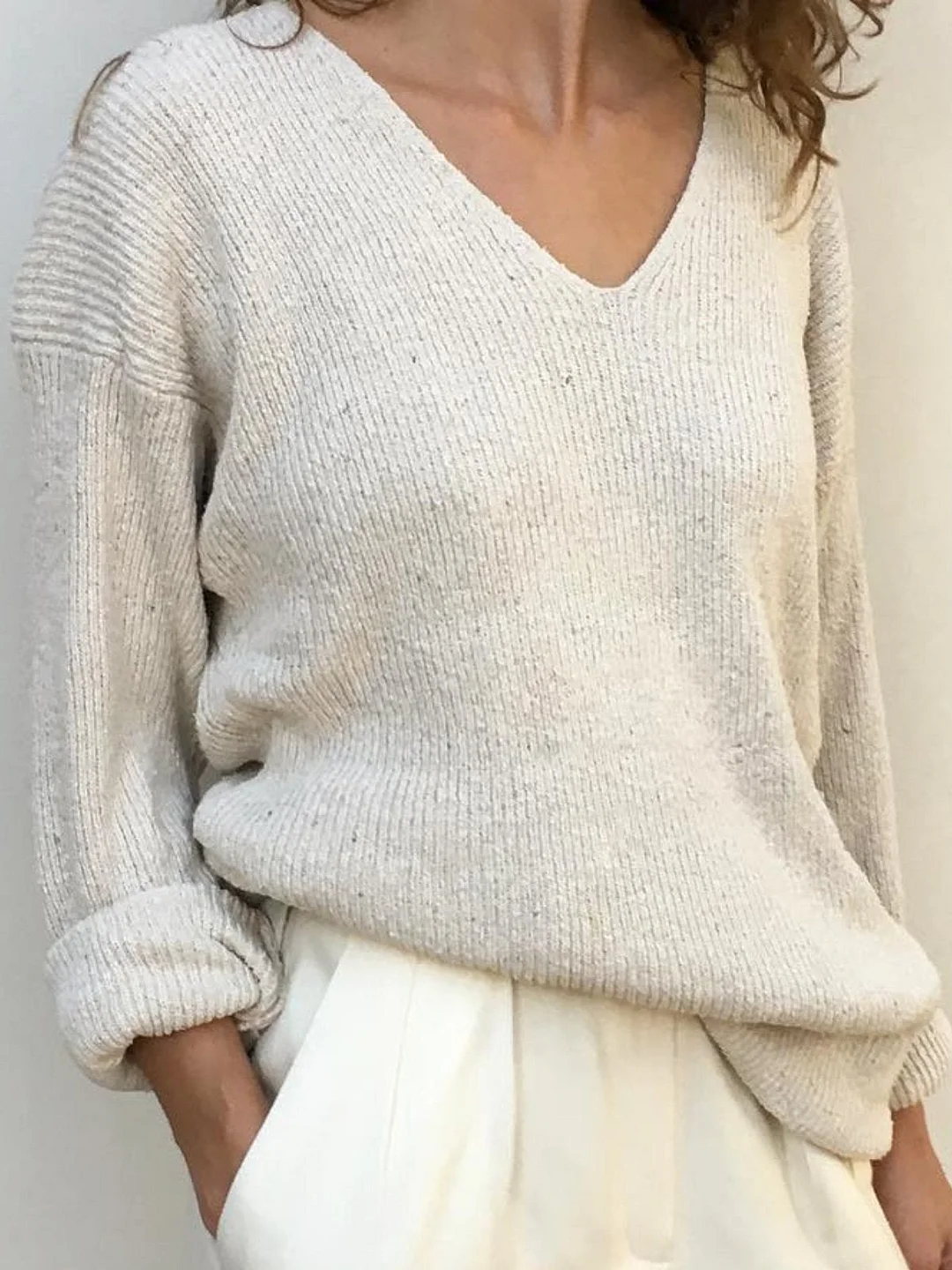 Woman Wool Blend Casual Solid V Neck Shirts & Tops | EGEMISS