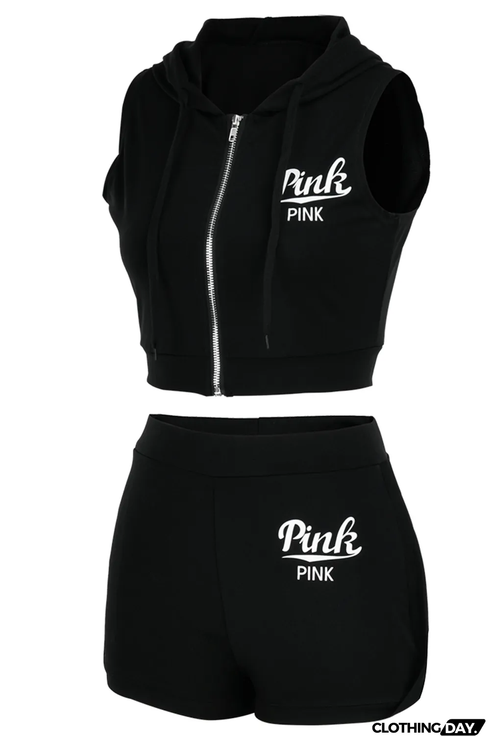 Black Fashion Print Patchwork Hooded Collar Sleeveless Two Pieces