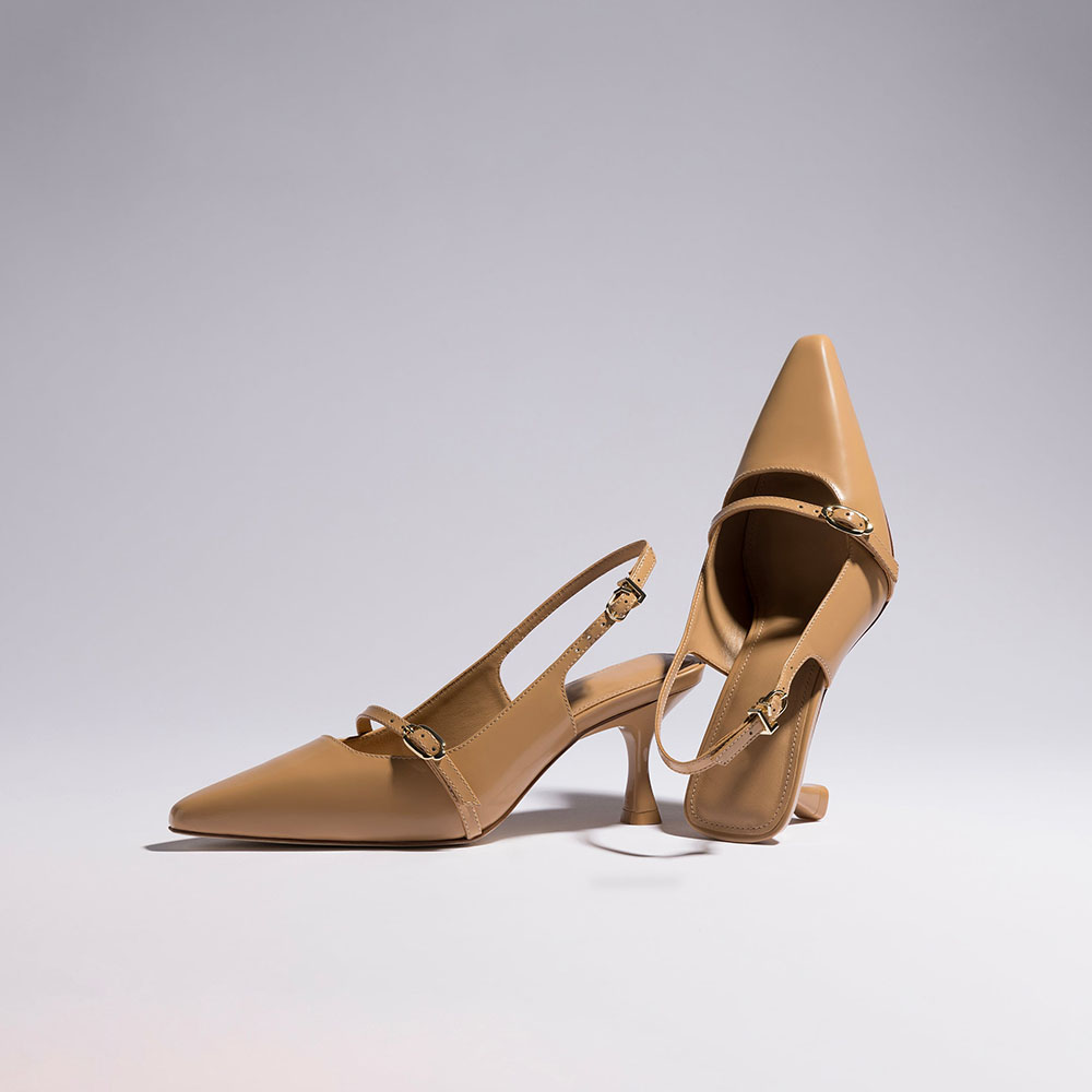 Nude Patent Leather Pointed Toe Kitten Heel Slingback Pumps Nicepairs