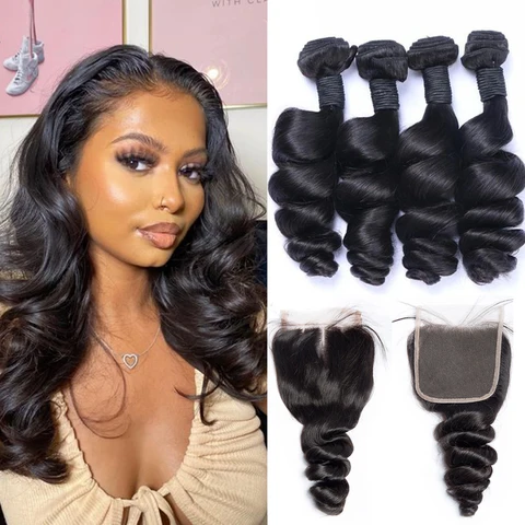 Loose Wave 4PCS Bundles & 1PC Closure or Frontal – 5×5, 13×4 & 13×6 | 100% Human Hair | Transparent Lace Wig | Boruihair