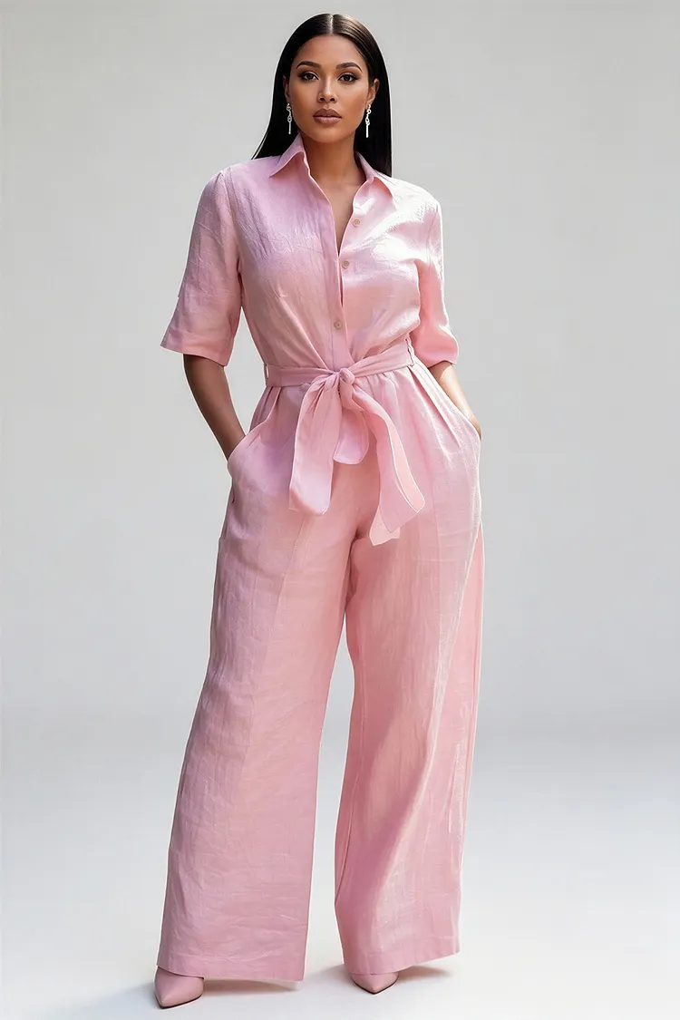 Xpluswear Design Plus Size Business Casual Pink Shirt Collar Short Sleeve Pocket Linen Jumpsuits [Pre-Order] 2024 - Xpluswear
