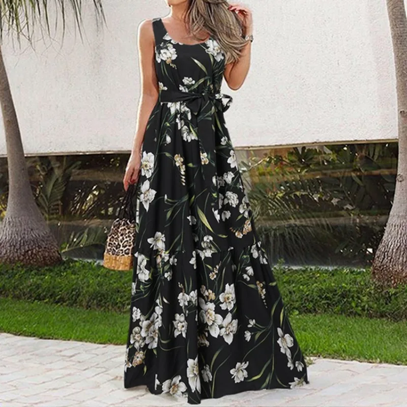New Women's Spring Summer Elegant Square Neck Sleeveless Printed Long Dress Leisure Beach Vacation Belt Long Dress