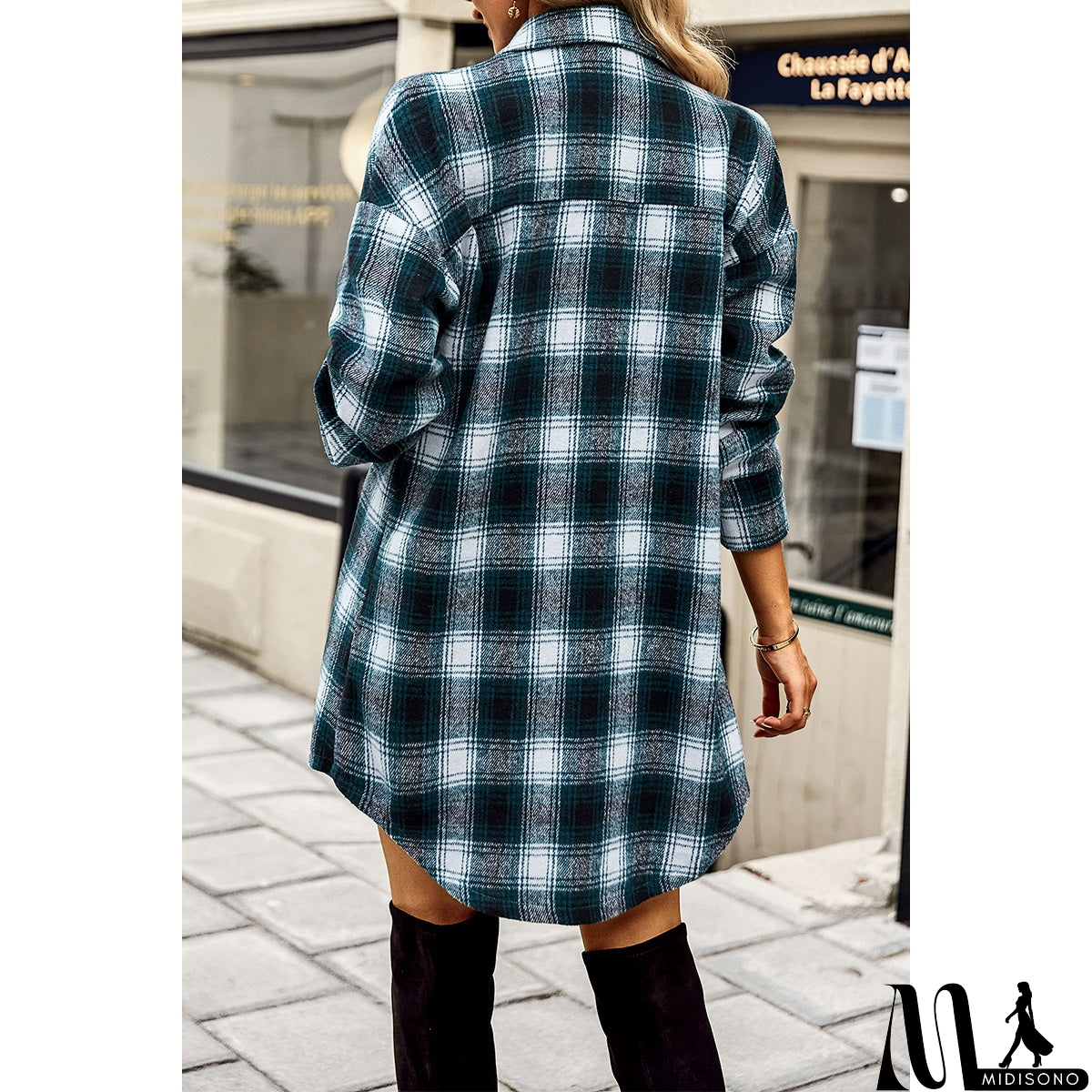 MidiSono - Plaid Front Open Button Blouse Pocket Coat
