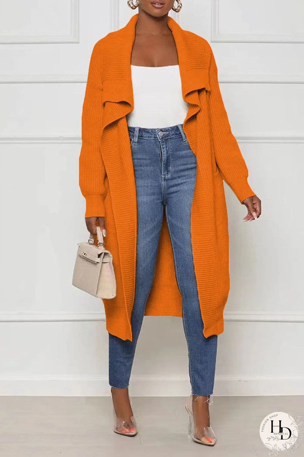 Orange Casual Solid Patchwork Cardigan Collar Outerwear