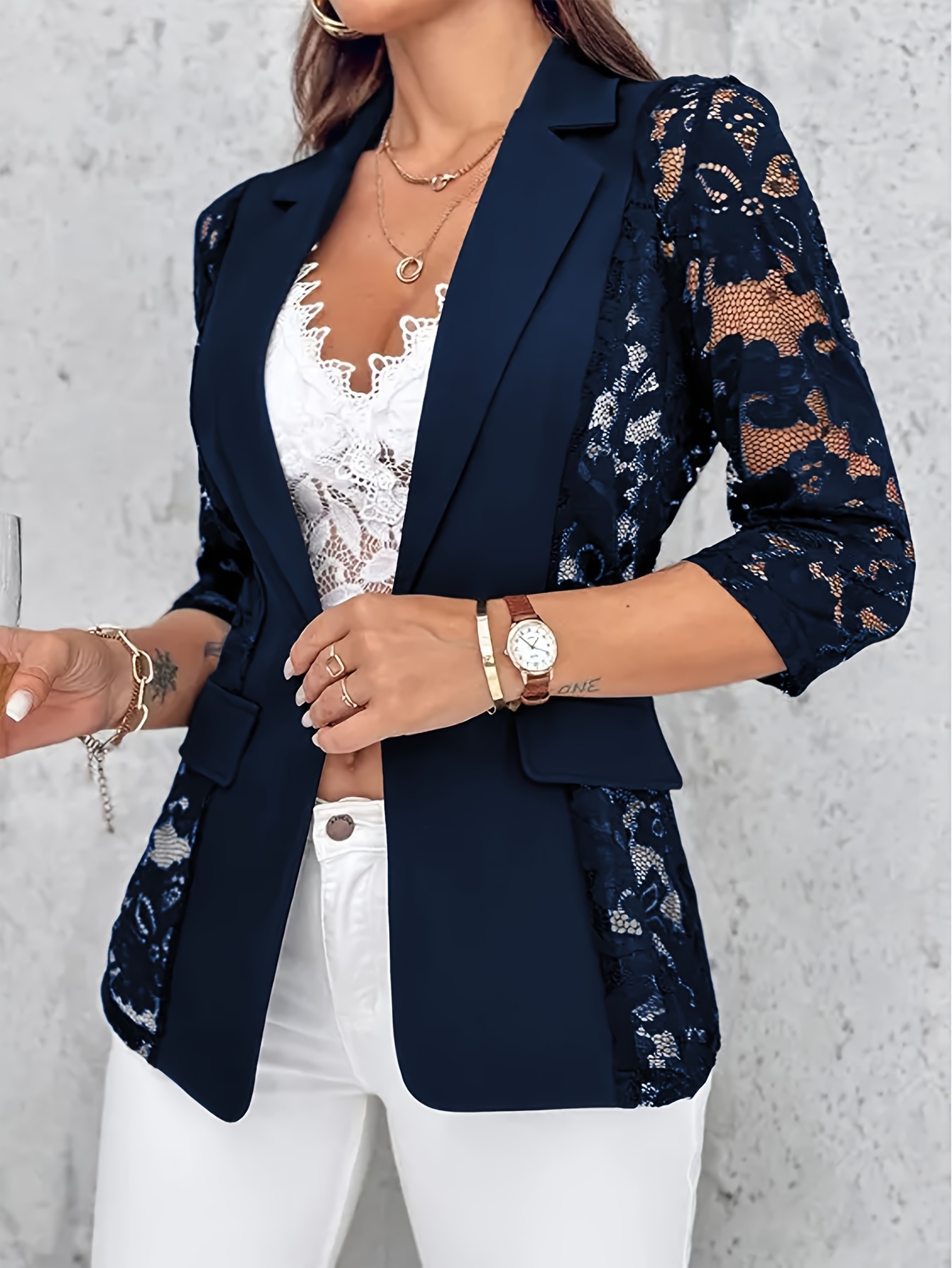 Elegant Plus Size Burgundy Lace-Trimmed Blazer Jacket | Machine Washable Non-Stretch Fabric For Spring Summer Fall, Office & Casual Wear, Sophisticated Tailoring