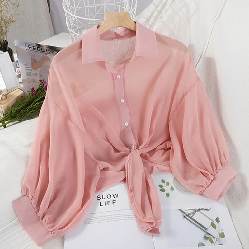 New 2022 Summer Half Sleeve Buttoned Up Shirt Loose Casual Blouse Chiffon Shirts Women Tied Waist Elegant Blouses for Women