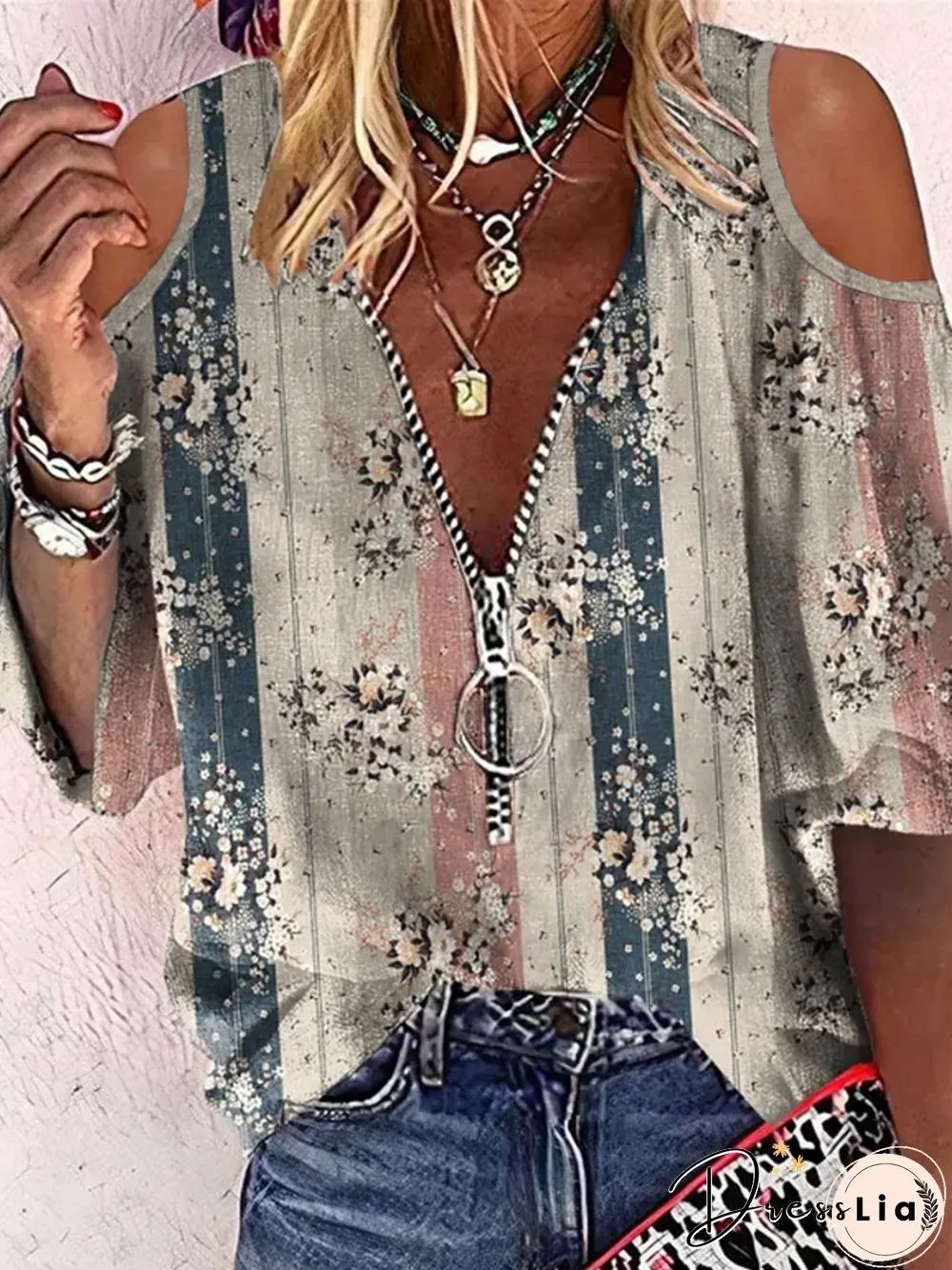 Casual Floral Three Quarter V Neck Plus Size Printed Tops