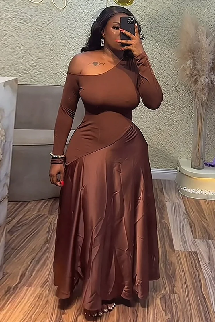 Off Shoulder Long Sleeve Cinch Waist Satin Patchwork Maxi Dresses-Brown