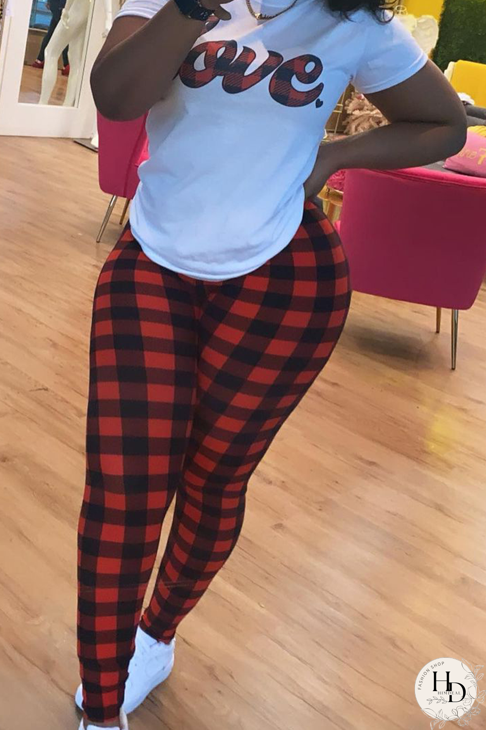 Red Casual Plaid Split Joint O Neck Short Sleeve Two Pieces