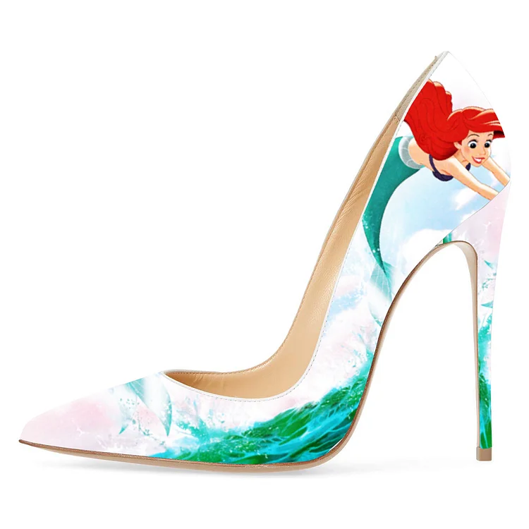 Multi-Color Ariel Mermaid Print Stiletto Heels Pointed Toe Pumps |FSJ Shoes