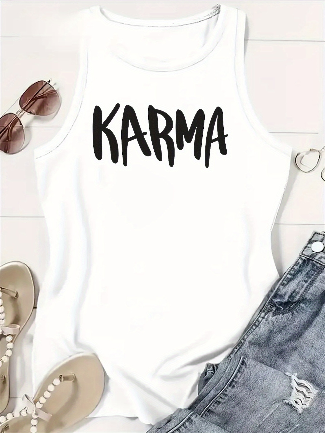Women's For Karma Sleeveless Tank Top - Lightweight Breathable Loose Fit Shirt With Bold Black For Karma Lettering, Casual Summer Beach Outfits, Everyday Streetwear - Machine Washable Vest Top, Outdoor, Round Neckline, Easy Care, Fashion Lover | IFYHOME