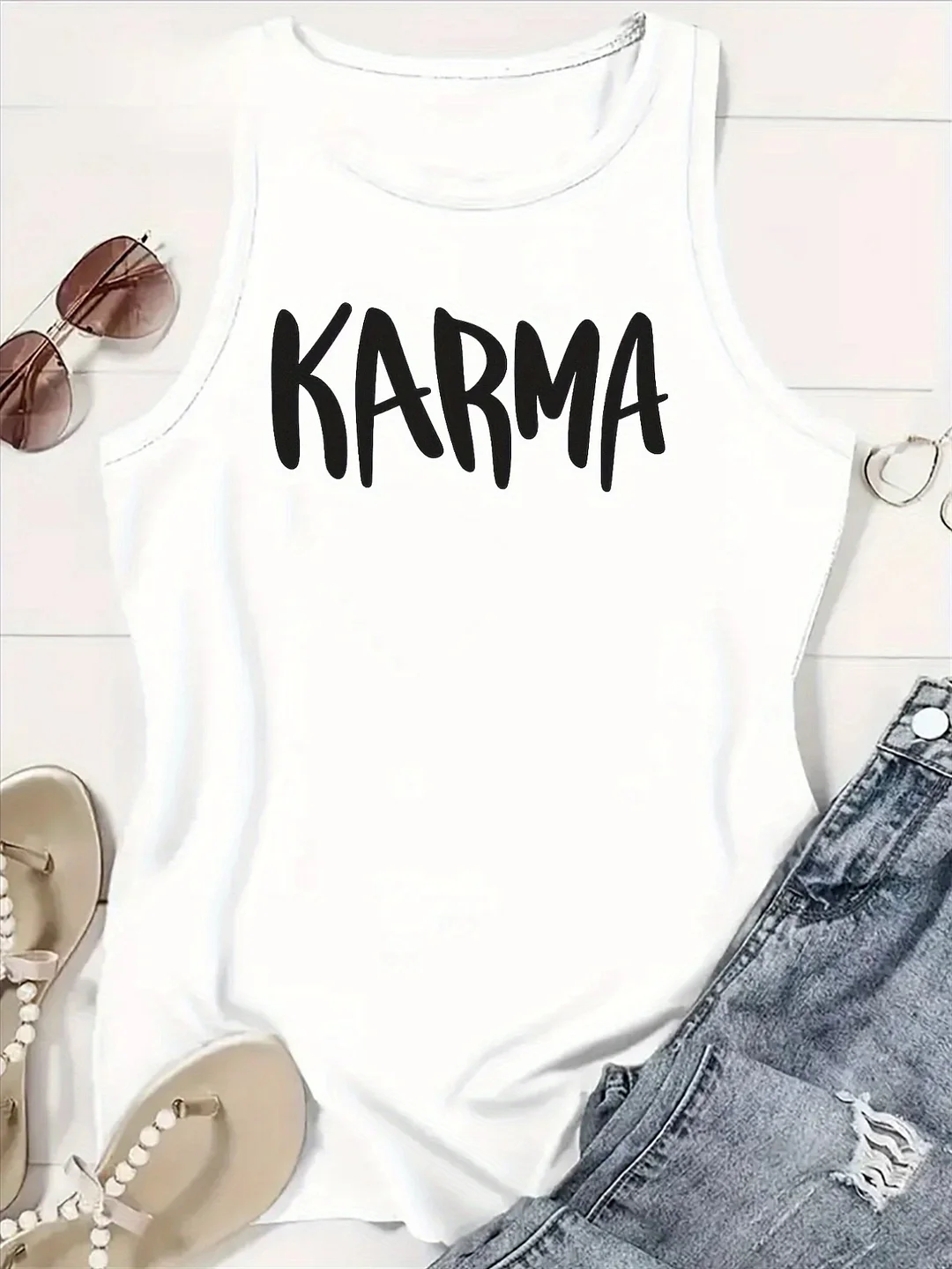 Women's For Karma Sleeveless Tank Top - Lightweight Breathable Loose Fit Shirt With Bold Black For Karma Lettering, Casual Summer Beach Outfits, Everyday Streetwear - Machine Washable Vest Top, Outdoor, Round Neckline, Easy Care, Fashion Lover | IFYHOME