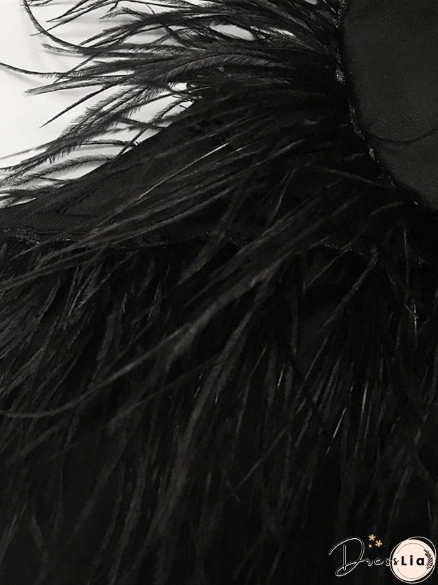 Semi Formal Party Dress Feather Dress Bodycon Midi Dress Black Blue Orange Sleeveless Pure Color Backless Winter Fall One Shoulder Slim S M L XL 2XL for Women