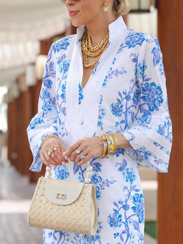 High-Low Loose Flower Print Split-Joint V-Neck Maxi Dresses