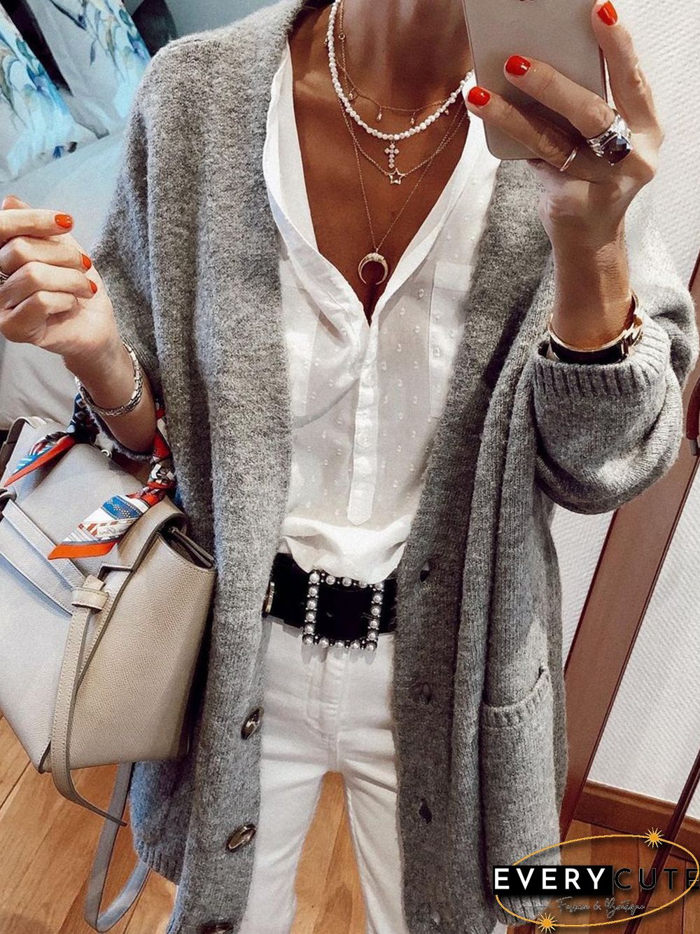 Knitting Pockets Buttoned Casual Loosen Long Sleeve Cardigan Sweater
