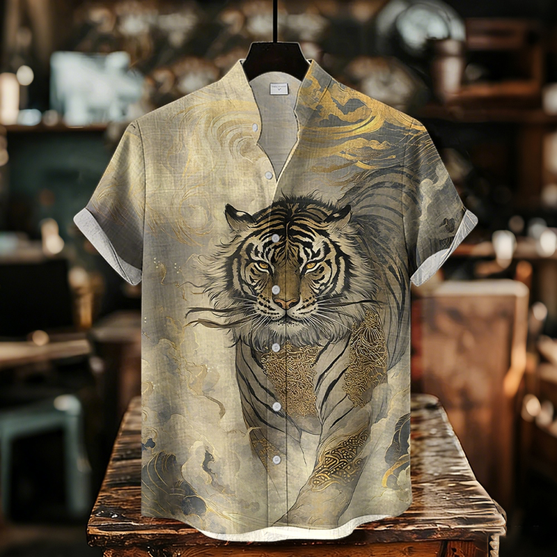 Men's Vintage Tiger Japanese Art Print Short Sleeve Shirt  artssus