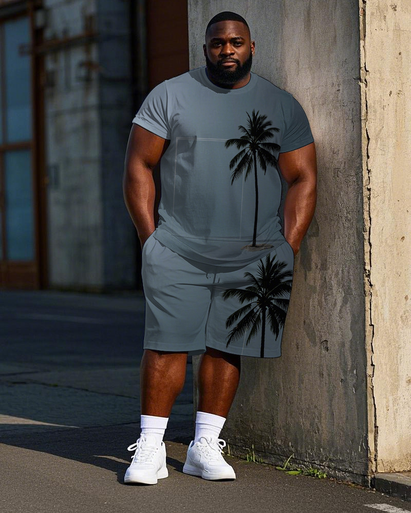 Big Men's Hawaiians Gradient Simple Cartoon Coconut Tree Printed Casual Short Sleeve T-shirt Shorts Set