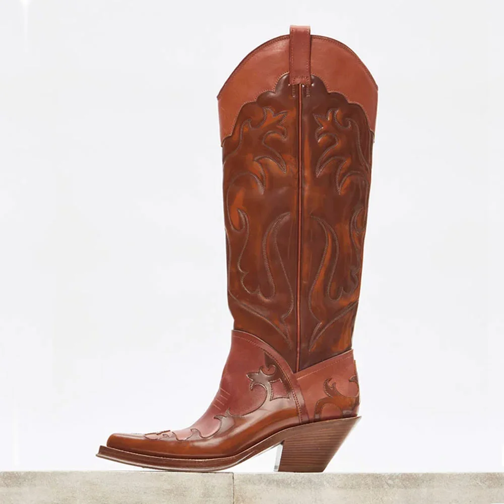 Brown Pointed Toe Chunky Heel Stitching Pull On Cowgirl Boots