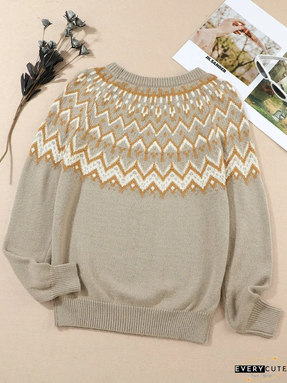 Cozy Gray Geometric Knit Round Neck Sweater